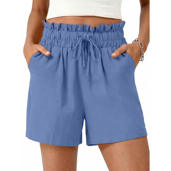 Fantaslook Summer Shorts for Women Cotton Linen Wide Leg High Waisted Shorts Drawstring Casual Beach Shorts with Pockets