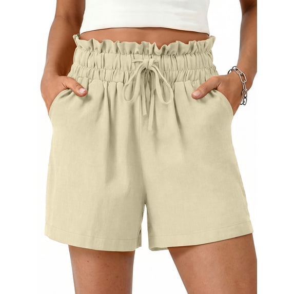 Fantaslook Summer Shorts for Women Cotton Linen Wide Leg High Waisted Shorts Drawstring Casual Beach Shorts with Pockets