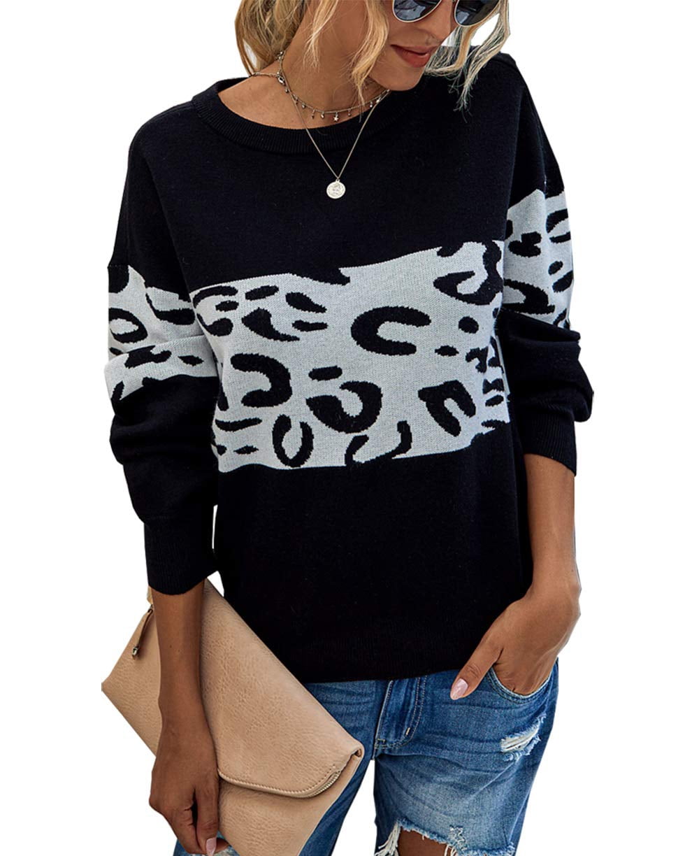 Knit Sweater Color Block Leopard Sweater Women's Pullover Sweater