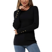 Fantaslook Sweaters for Women Knit Long Sleeve Crew Neck Button Stretch Fall Pullover Sweater
