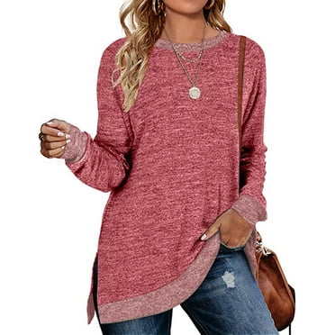 Fantaslook Sweatshirt for Women Long Sleeve Shirts Tunic Tops Color Block Crewneck Sweatshirts Side Split