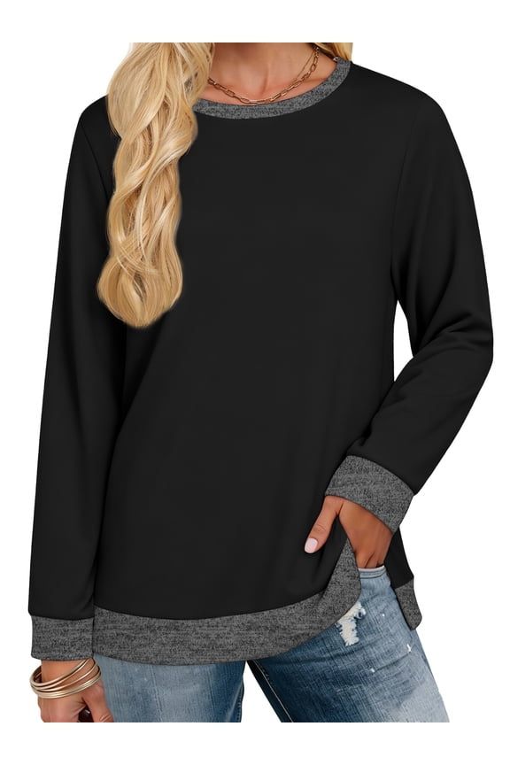 Sweatshirt for Women Long Sleeve Tunic Tops Color Block Crewneck Sweatshirts Side Split