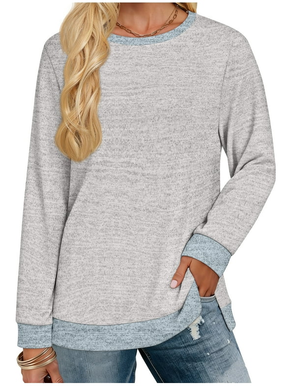 Sweatshirt for Women Long Sleeve Tunic Tops Color Block Crewneck Sweatshirts Side Split