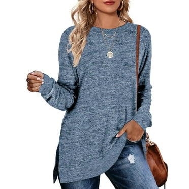 Fantaslook Sweatshirt for Women Long Sleeve Shirts Tunic Tops Color Block Crewneck Sweatshirts Side Split