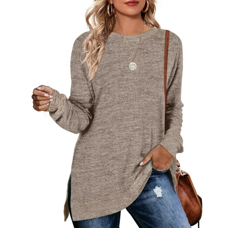 Fantaslook Sweatshirt for Women Long Sleeve Tunic Tops Color Block Crewneck Sweatshirts Side Split