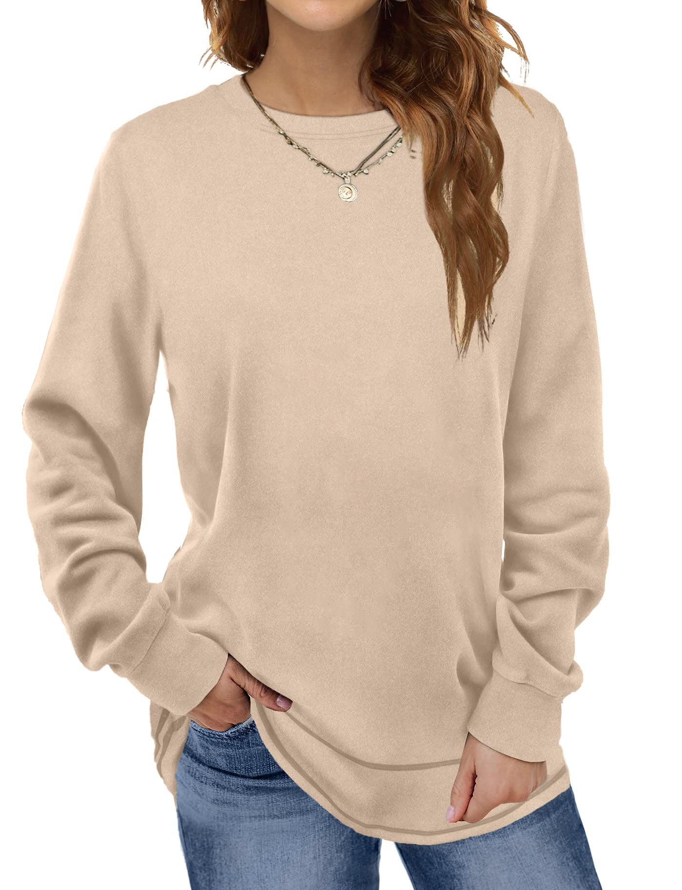 DBFBDTU Women Long Sleeve T Shirts Crew Neck Pima Cotton Tops Tees Beige S  at  Women's Clothing store