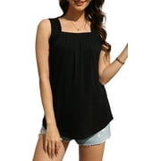 FANTASLOOK Tank Tops for Women Pleated Square Neck Sleeveless Summer Tops Curved Hem Flowy Shirts