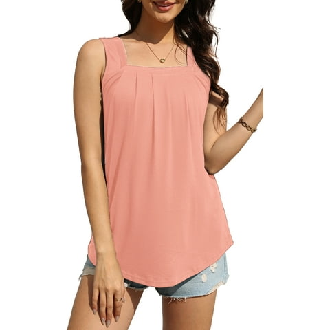 Tank Tops for Women Pleated Square Neck Sleeveless Summer Tops Curved Hem Flowy Shirts