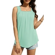 Fantaslook Tank Tops for Women Pleated Square Neck Sleeveless Summer Tops Curved Hem Flowy Shirts