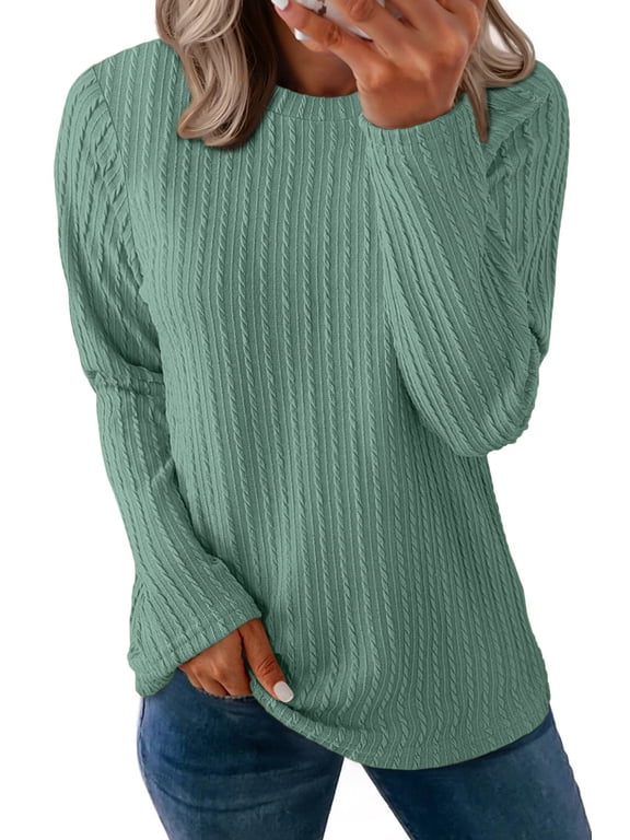 Textured Tops for Women Crew Neck Long Sleeve Shirts Fall Blouses Casual Basic Tee
