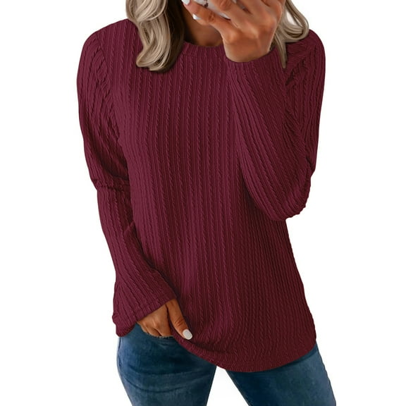 Fantaslook Textured Tops for Women Crew Neck Long Sleeve Shirts Fall Blouses Casual Basic Tee