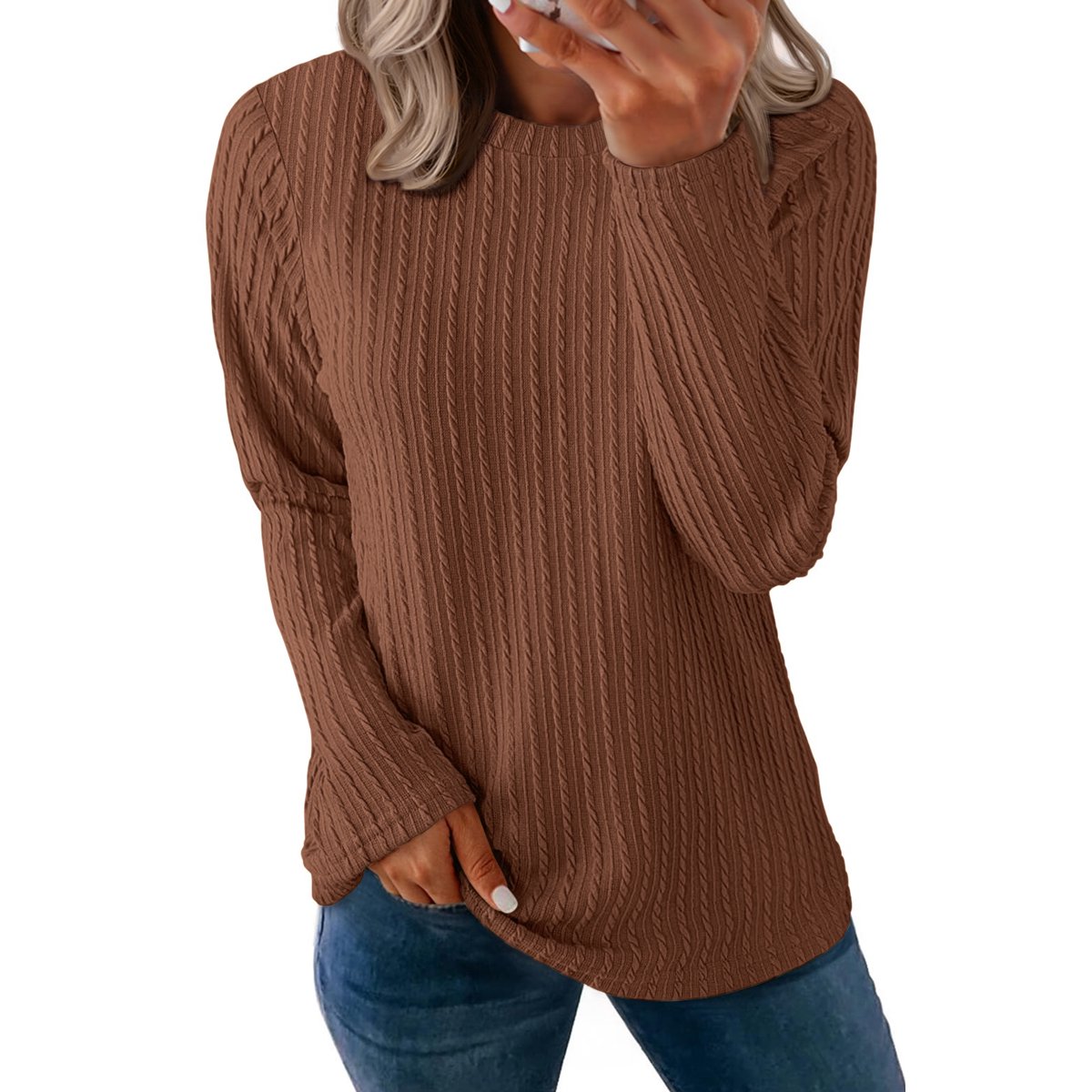 Textured Tops for Women Crew Neck Long Sleeve Shirts Fall Blouses Casual Basic Tee