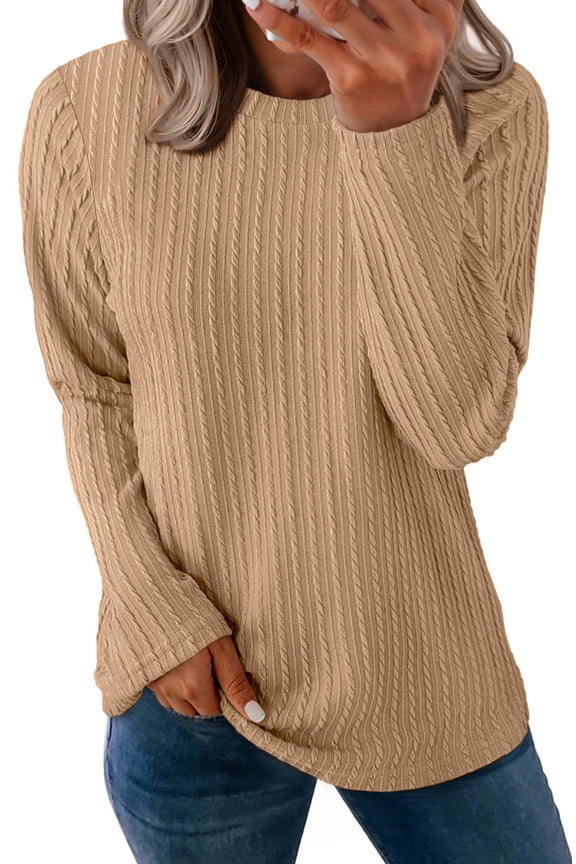 Textured Tops for Women Crew Neck Long Sleeve Shirts Fall Blouses Casual Basic Tee