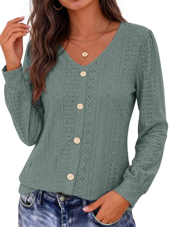 Tops for Women V Neck Long Sleeve Blouses Eyelet Casual Fall Shirts Trendy