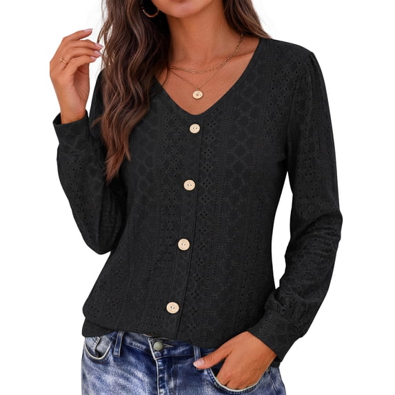 Fantaslook Tops for Women V Neck Long Sleeve Blouses Eyelet Casual Fall Shirts Trendy