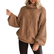 Fantaslook Turtleneck Sweater Women Chunky Cable Knit Oversized Sweaters Batwing Sleeve Pullover Tops
