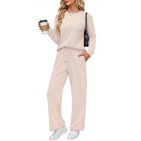 Fantaslook Two Piece Lounge Sets for Women Fall Outfits Long Sleeve Tops Wide Leg Pants Matching Sets Vacation Travel Outfits