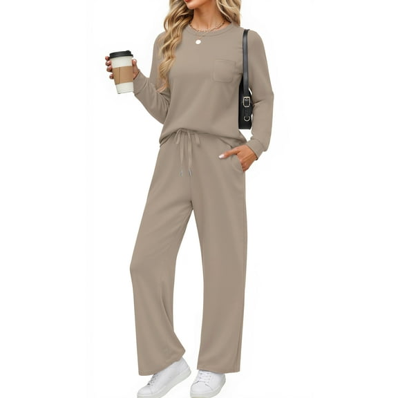 Fantaslook Two Piece Lounge Sets for Women Fall Outfits Long Sleeve Tops Wide Leg Pants Matching Sets Vacation Travel Outfits