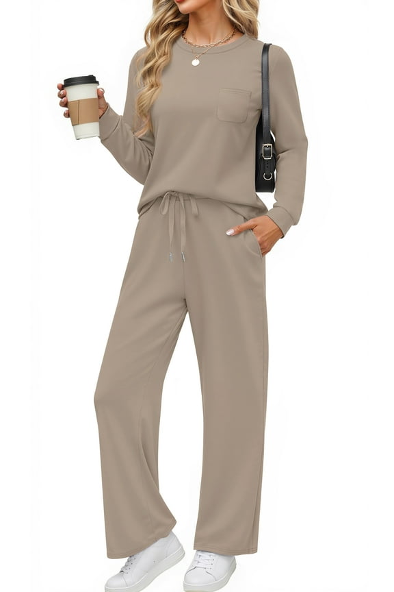 Two Piece Lounge Sets for Women Fall Outfits Long Sleeve Tops Wide Leg Pants Matching Sets Vacation Travel Outfits