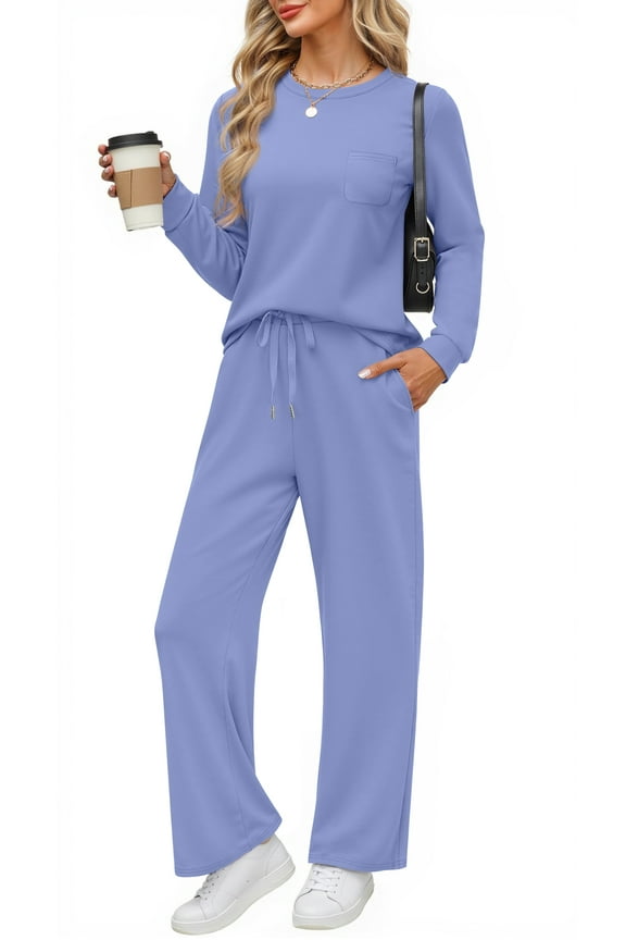 Two Piece Lounge Sets for Women Fall Outfits Long Sleeve Tops Wide Leg Pants Matching Sets Vacation Travel Outfits