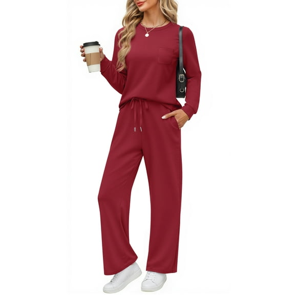 Fantaslook Two Piece Lounge Sets for Women Fall Outfits Long Sleeve Tops Wide Leg Pants Matching Sets Vacation Travel Outfits