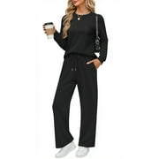 FANTASLOOK Two Piece Lounge Sets for Women Fall Outfits Long Sleeve Tops Wide Leg Pants Matching Sets Vacation Travel Outfits