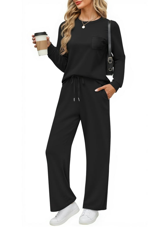 Two Piece Lounge Sets for Women Fall Outfits Long Sleeve Tops Wide Leg Pants Matching Sets Vacation Travel Outfits