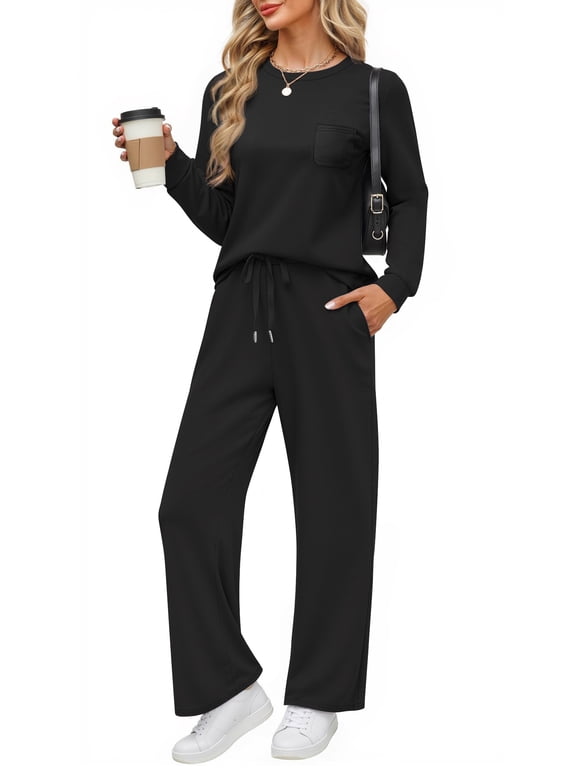 Two Piece Lounge Sets for Women Fall Outfits Long Sleeve Tops Wide Leg Pants Matching Sets Vacation Travel Outfits