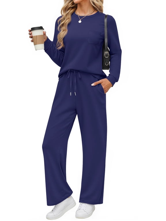 Two Piece Lounge Sets for Women Fall Outfits Long Sleeve Tops Wide Leg Pants Matching Sets Vacation Travel Outfits