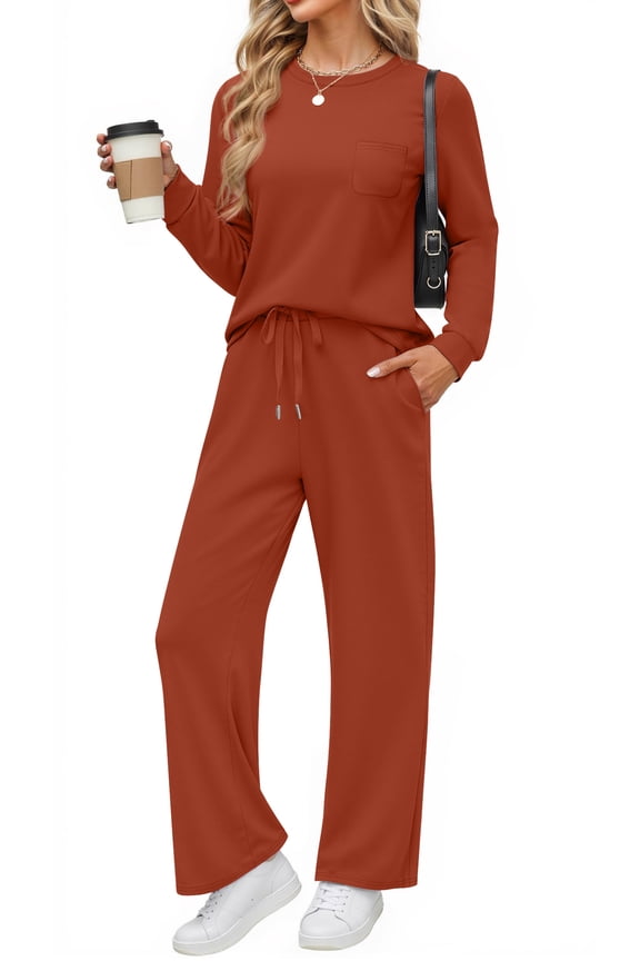 Two Piece Lounge Sets for Women Fall Outfits Long Sleeve Tops Wide Leg Pants Matching Sets Vacation Travel Outfits