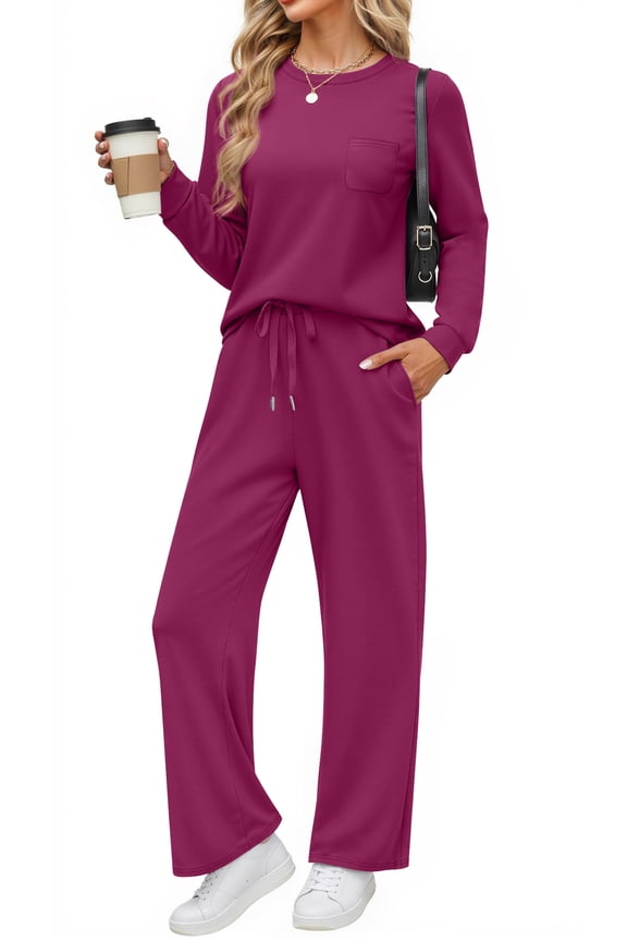 Two Piece Lounge Sets for Women Fall Outfits Long Sleeve Tops Wide Leg Pants Matching Sets Vacation Travel Outfits