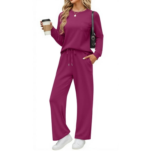 Fantaslook Two Piece Lounge Sets for Women Fall Outfits Long Sleeve Tops Wide Leg Pants Matching Sets Vacation Travel Outfits