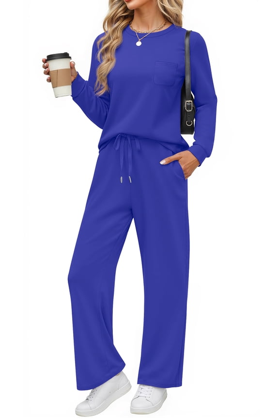 Two Piece Lounge Sets for Women Fall Outfits Long Sleeve Tops Wide Leg Pants Matching Sets Vacation Travel Outfits