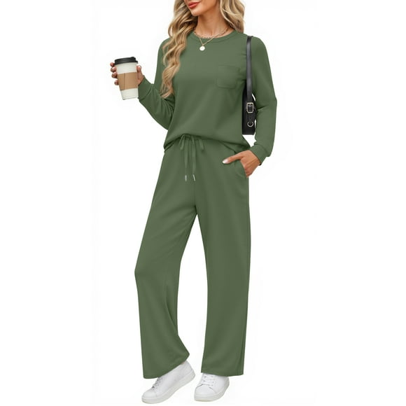 Fantaslook Two Piece Lounge Sets for Women Fall Outfits Long Sleeve Tops Wide Leg Pants Matching Sets Vacation Travel Outfits