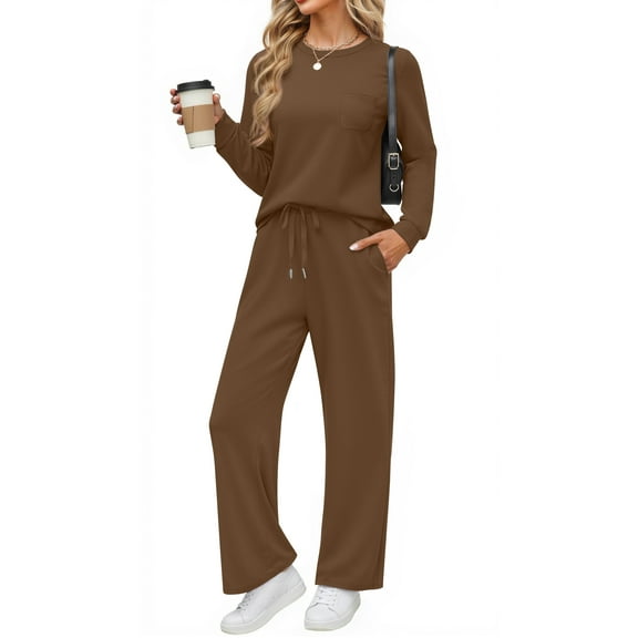 Fantaslook Two Piece Lounge Sets for Women Fall Outfits Long Sleeve Tops Wide Leg Pants Matching Sets Vacation Travel Outfits