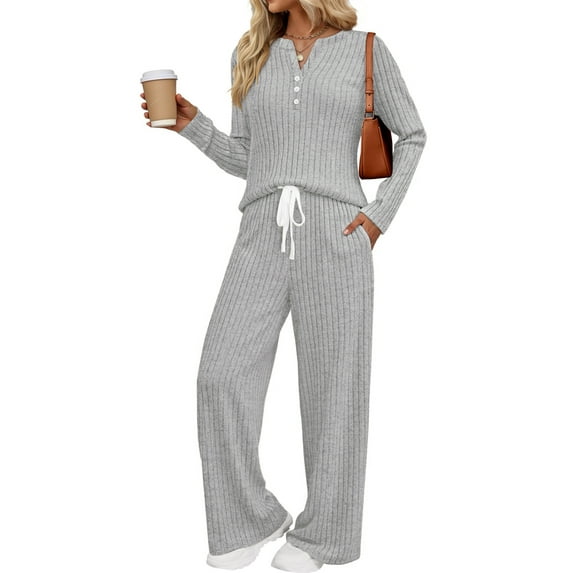 Fantaslook Two Piece Lounge Sets for Women Fall Travel Outfits Henley Neck Sweater tops Wide Leg Pants Matching Sets Pajamas Clothes
