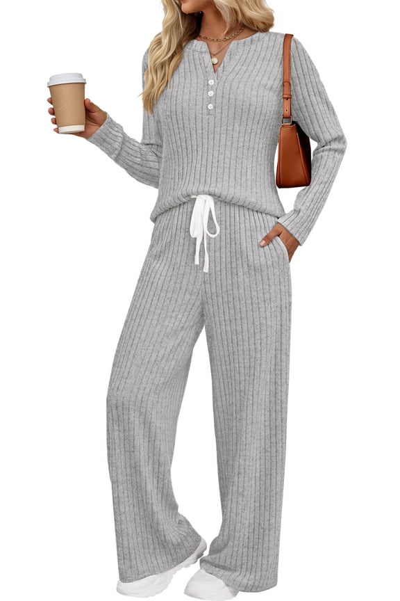 Two Piece Lounge Sets for Women Fall Travel Outfits Henley Neck Sweater tops Wide Leg Pants Matching Sets Pajamas Clothes
