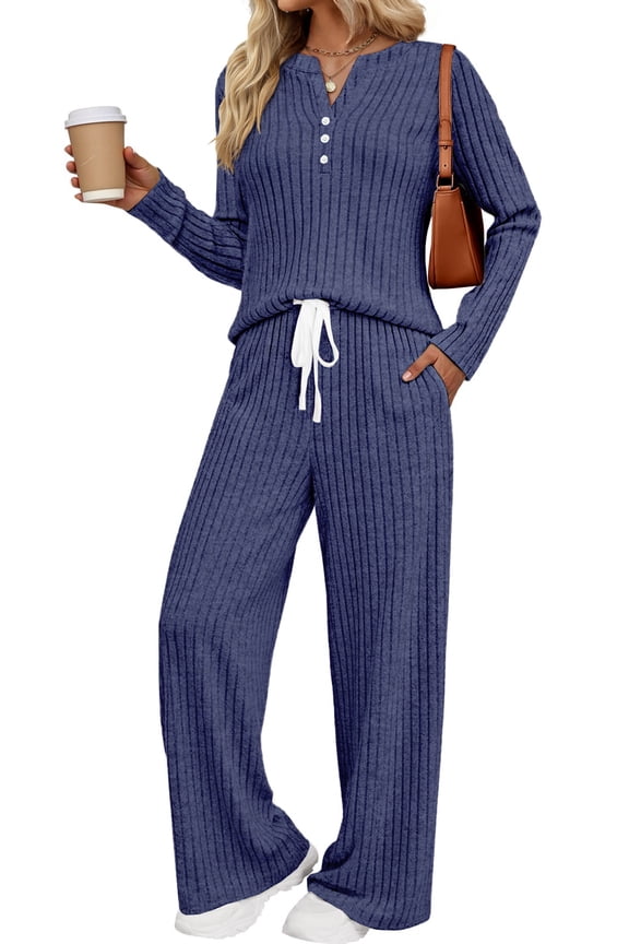 Two Piece Lounge Sets for Women Fall Travel Outfits Henley Neck Sweater tops Wide Leg Pants Matching Sets Pajamas Clothes