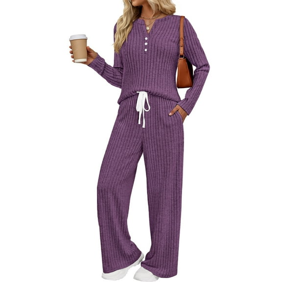 Fantaslook Two Piece Lounge Sets for Women Fall Travel Outfits Henley Neck Sweater tops Wide Leg Pants Matching Sets Pajamas Clothes