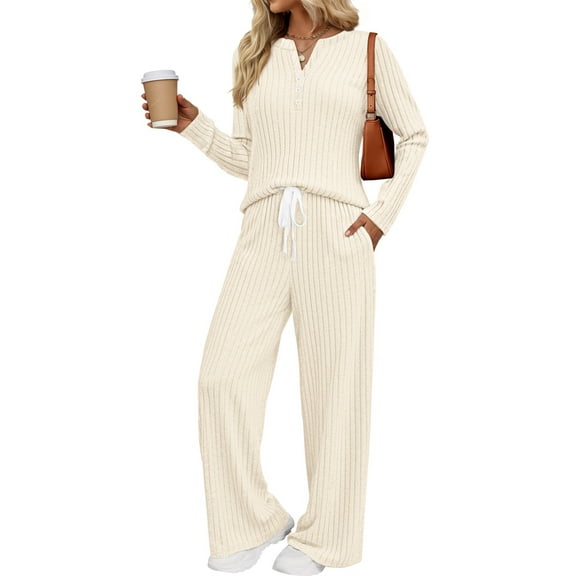 Fantaslook Two Piece Lounge Sets for Women Fall Travel Outfits Henley Neck Sweater tops Wide Leg Pants Matching Sets Pajamas Clothes