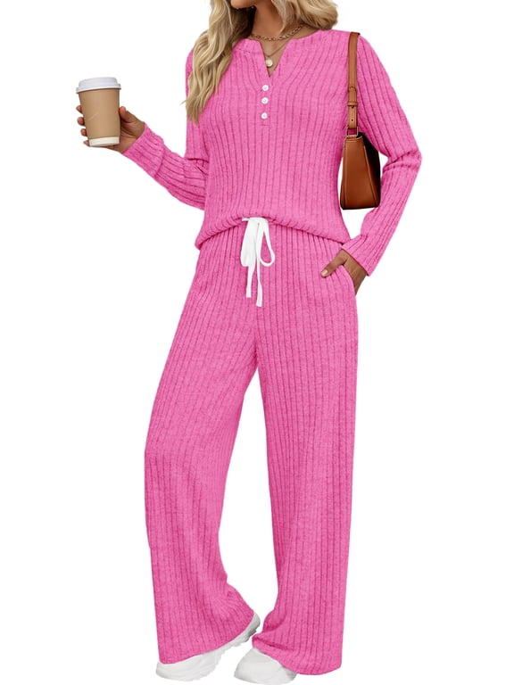 Two Piece Lounge Sets for Women Fall Travel Outfits Henley Neck Sweater tops Wide Leg Pants Matching Sets Pajamas Clothes