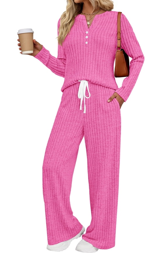 Two Piece Lounge Sets for Women Fall Travel Outfits Henley Neck Sweater tops Wide Leg Pants Matching Sets Pajamas Clothes