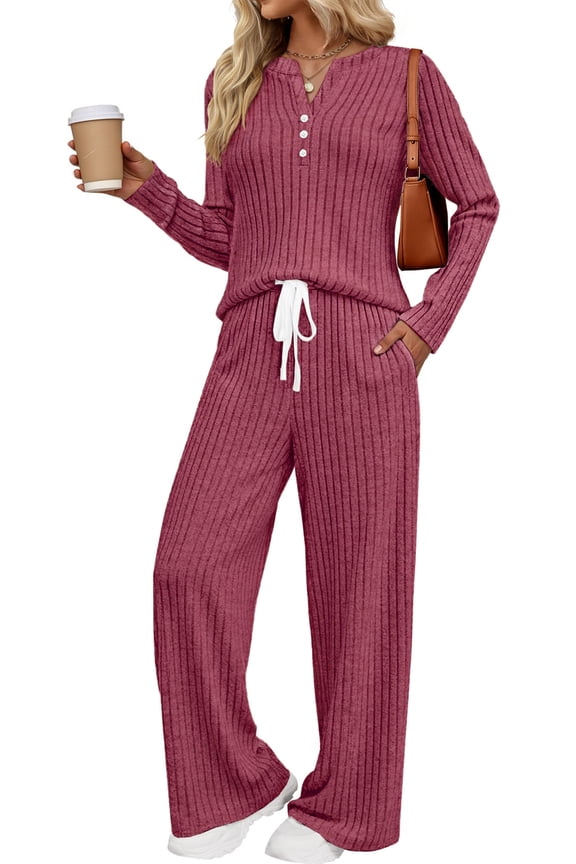 Two Piece Lounge Sets for Women Fall Travel Outfits Henley Neck Sweater tops Wide Leg Pants Matching Sets Pajamas Clothes