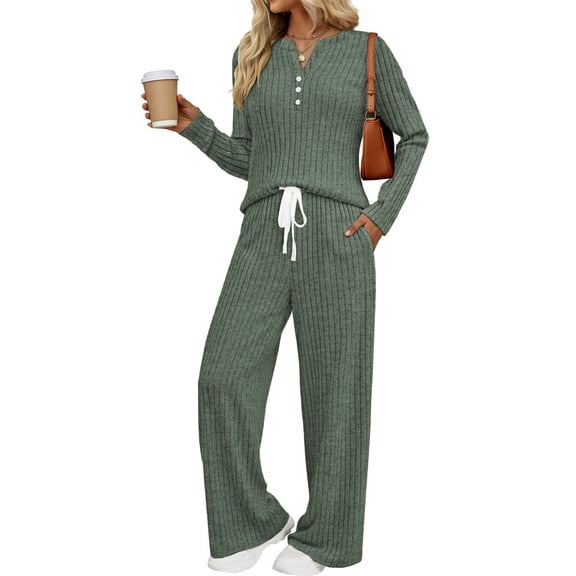Fantaslook Two Piece Lounge Sets for Women Fall Travel Outfits Henley Neck Sweater tops Wide Leg Pants Matching Sets Pajamas Clothes