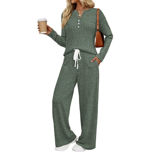 Fantaslook Two Piece Lounge Sets for Women Fall Travel Outfits Henley Neck Sweater tops Wide Leg Pants Matching Sets Pajamas Clothes