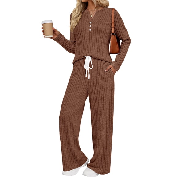 Fantaslook Two Piece Lounge Sets for Women Fall Travel Outfits Henley Neck Sweater tops Wide Leg Pants Matching Sets Pajamas Clothes
