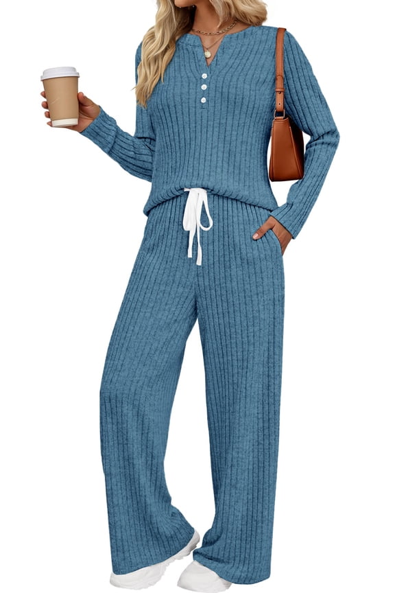 Two Piece Lounge Sets for Women Fall Travel Outfits Henley Neck Sweater tops Wide Leg Pants Matching Sets Pajamas Clothes