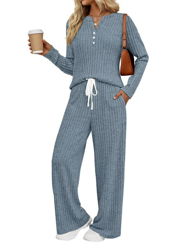 Two Piece Lounge Sets for Women Fall Travel Outfits Henley Neck Sweater tops Wide Leg Pants Matching Sets Pajamas Clothes