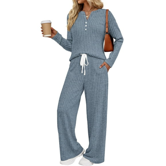 Fantaslook Two Piece Lounge Sets for Women Fall Travel Outfits Henley Neck Sweater tops Wide Leg Pants Matching Sets Pajamas Clothes