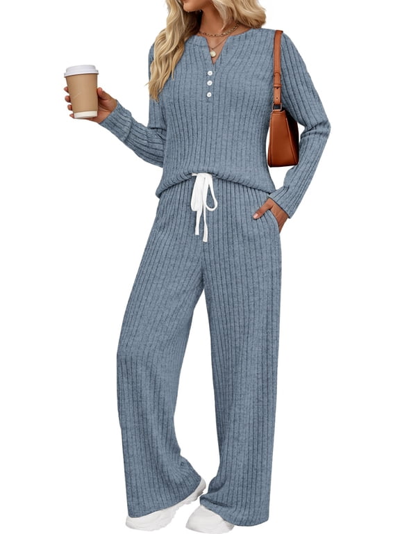 Two Piece Lounge Sets for Women Fall Travel Outfits Henley Neck Sweater tops Wide Leg Pants Matching Sets Pajamas Clothes